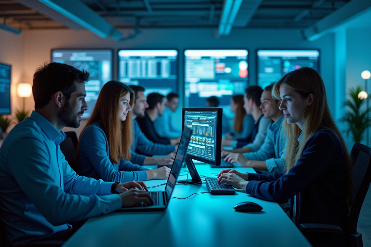 Jeunes professionnels collaborant dans un laboratoire informatique lumineux