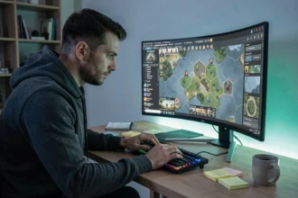 Joueur adulte concentré sur un jeu de stratégie PC avec IA avancée dans un bureau à domicile