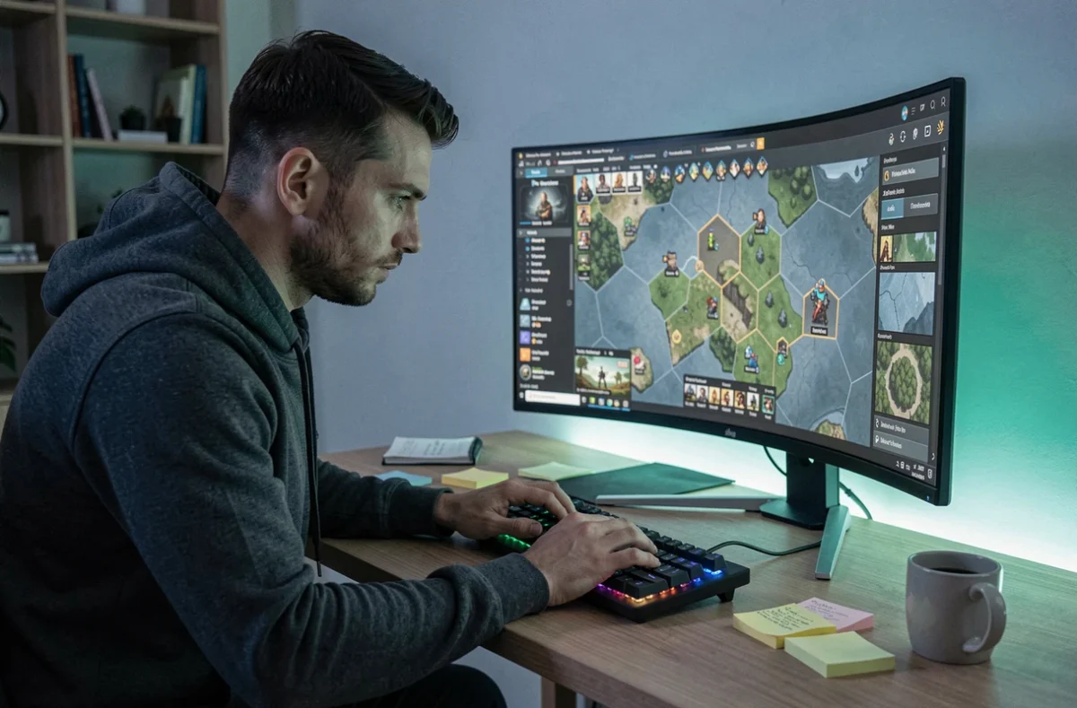 Joueur adulte concentré sur un jeu de stratégie PC avec IA avancée dans un bureau à domicile