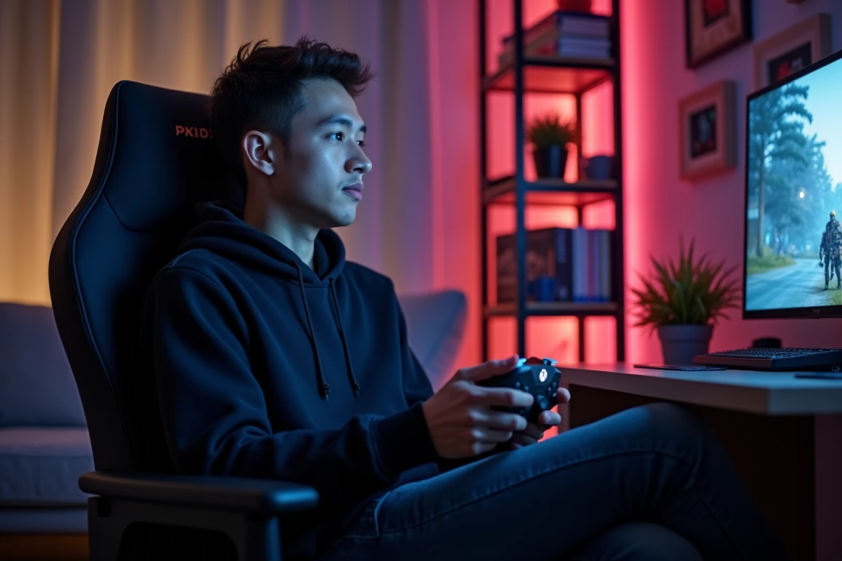 Joueur adulte tenant une manette Xbox nouvelle génération devant un grand écran incurvé dans une salle de jeu moderne