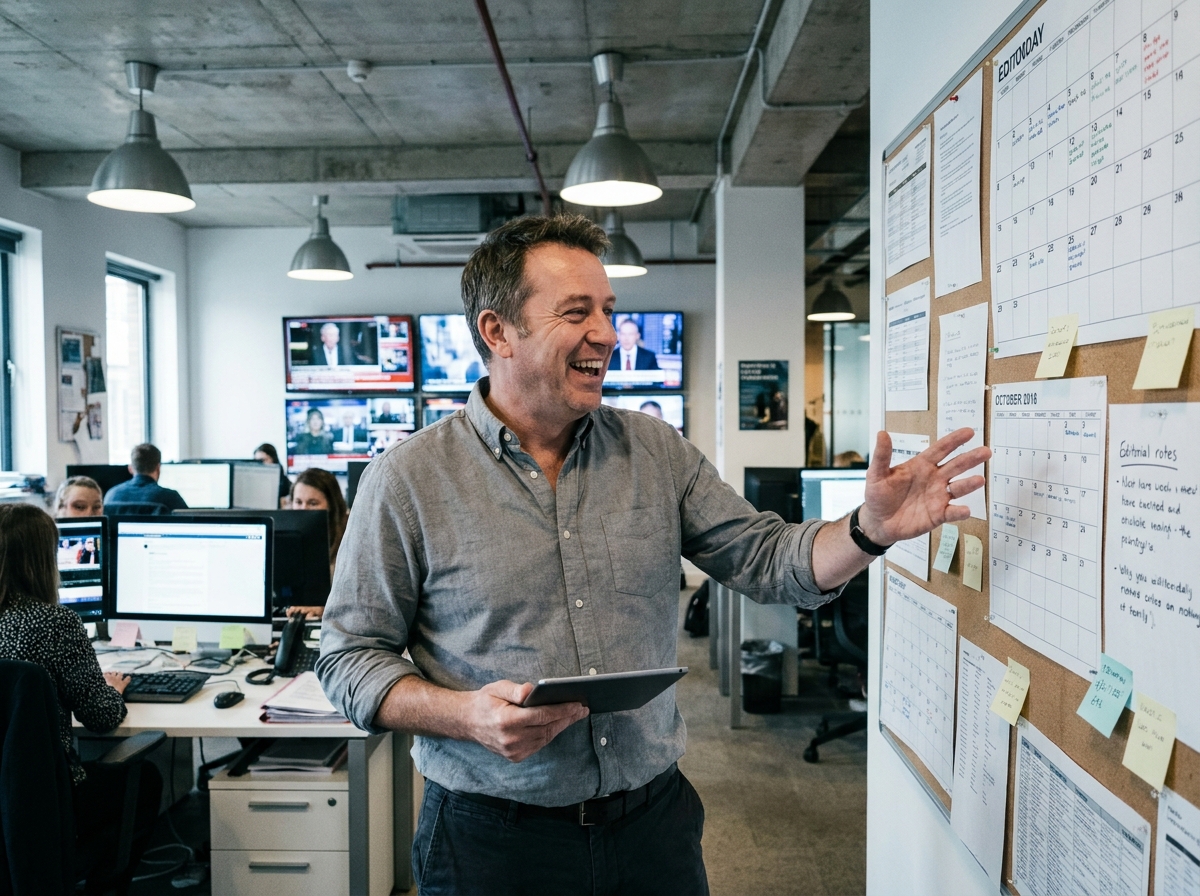 Journaliste masculin dans une rédaction animée consultant un calendrier éditorial affiché au mur