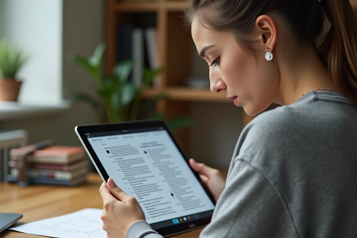 Femme lisant un PDF annoté sur une tablette Android dans un bureau à domicile moderne