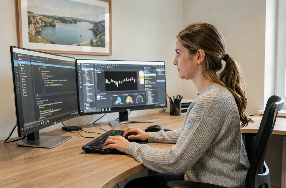 Data scientiste de Lyon-IA Normandie analysant des modèles d'intelligence artificielle dans un bureau de recherche technologique en Normandie