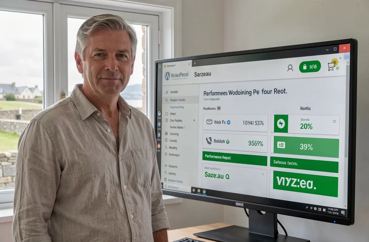 Consultant de Ma Vitrine En Ligne présentant un site WordPress rapide dans son bureau à Sarzeau
