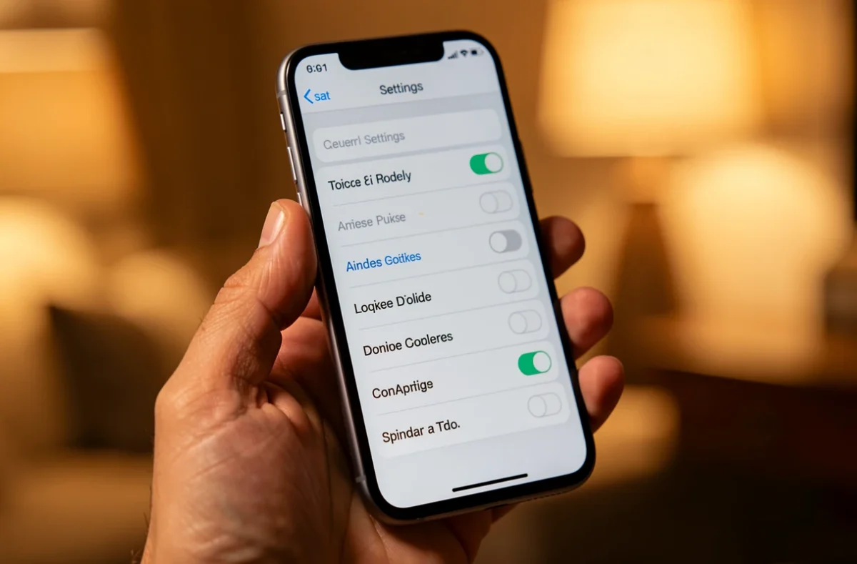 Main tenant un téléphone sur un écran de réglages avec des interrupteurs
