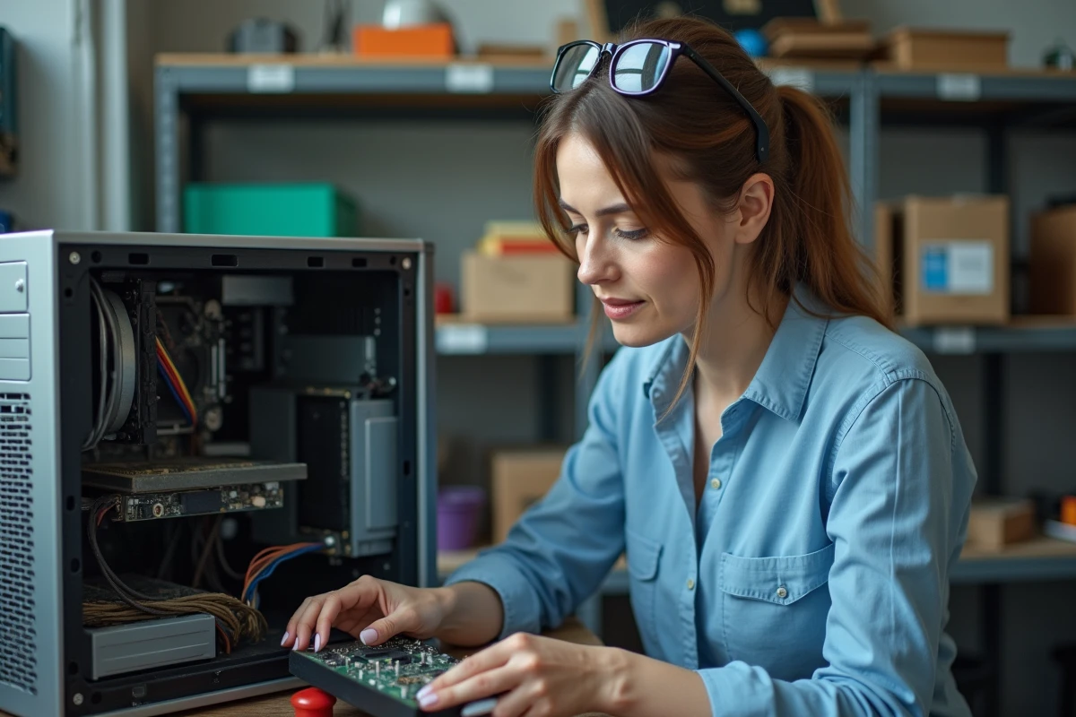 Femme technicienne inspectant les composants internes d'un ordinateur de bureau pour maintenance et entretien préventif