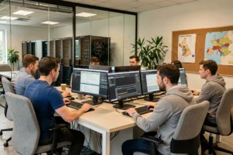 Vue panoramique d'une équipe informatique au travail dans un bureau moderne du Calvados, illustrant le thème de la maintenance informatique régionale