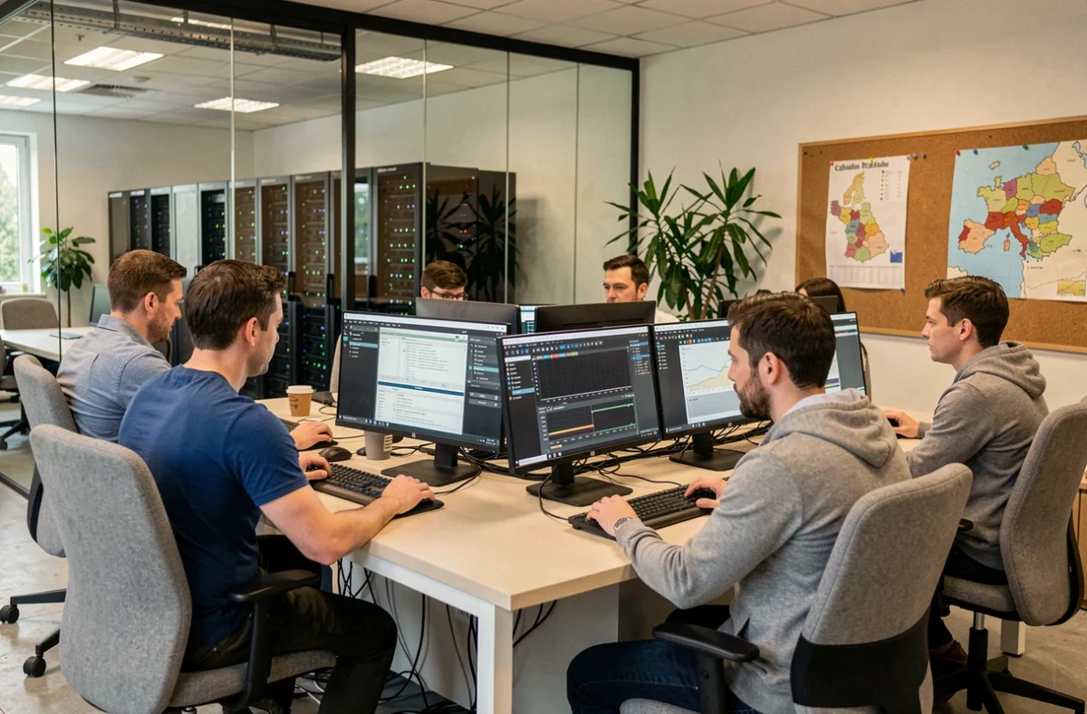 Vue panoramique d'une équipe informatique au travail dans un bureau moderne du Calvados, illustrant le thème de la maintenance informatique régionale