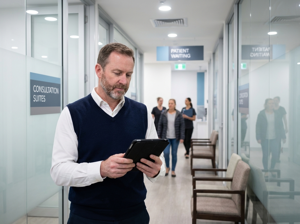 Médecin vérifiant son planning dans un couloir de clinique moderne