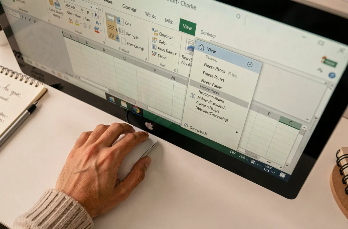 Gros plan sur un écran Excel avec le menu figer les volets ouvert et une main utilisant une souris sans fil pour naviguer dans le tableur