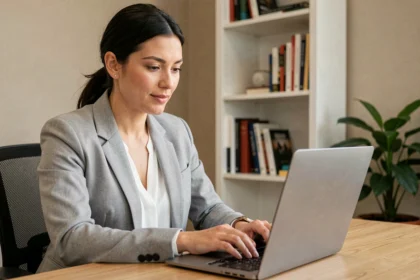 Femme consultant sa messagerie académique sur un ordinateur portable dans un bureau professionnel