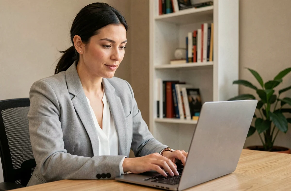 Femme consultant sa messagerie académique sur un ordinateur portable dans un bureau professionnel