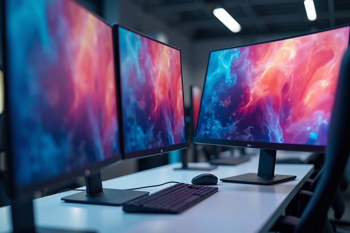 Ligne de moniteurs 1440p dans un showroom lumineux