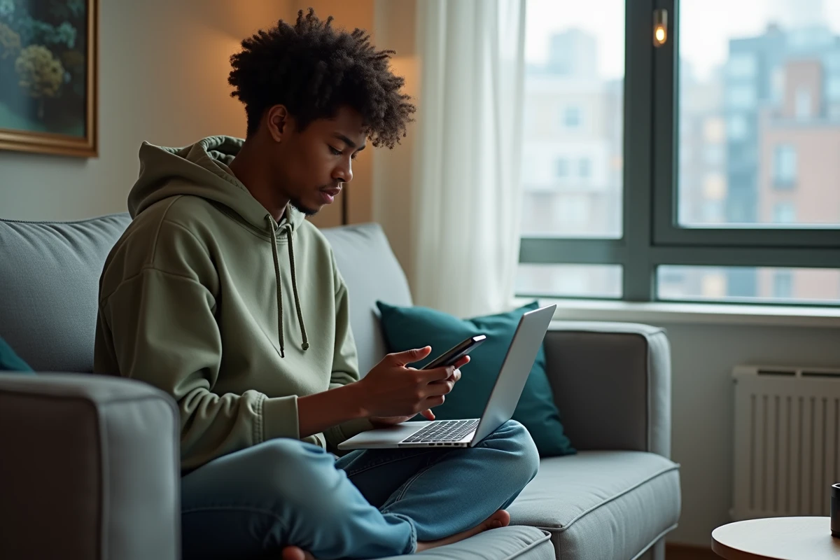 Jeune adulte utilisant simultanément un smartphone et un ordinateur portable avec un navigateur web compatible multi-appareils