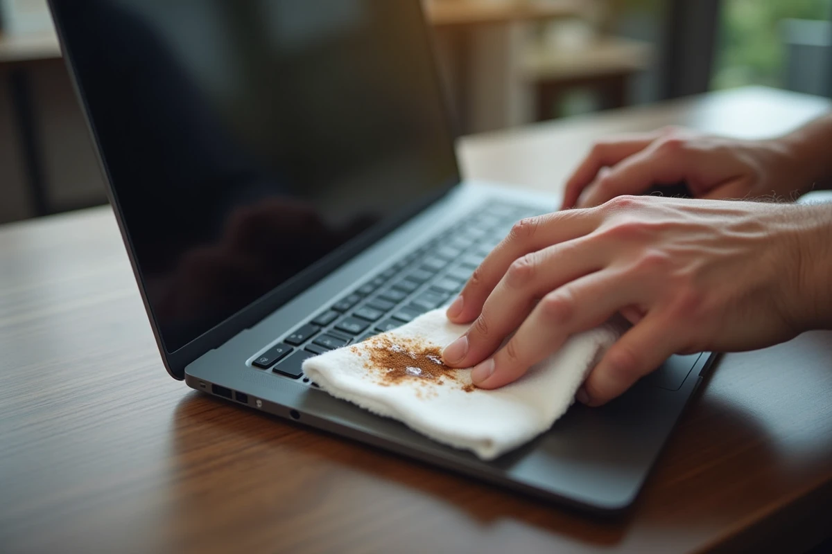 Mains nettoyant délicatement un écran d'ordinateur portable taché de café avec un chiffon microfibre blanc