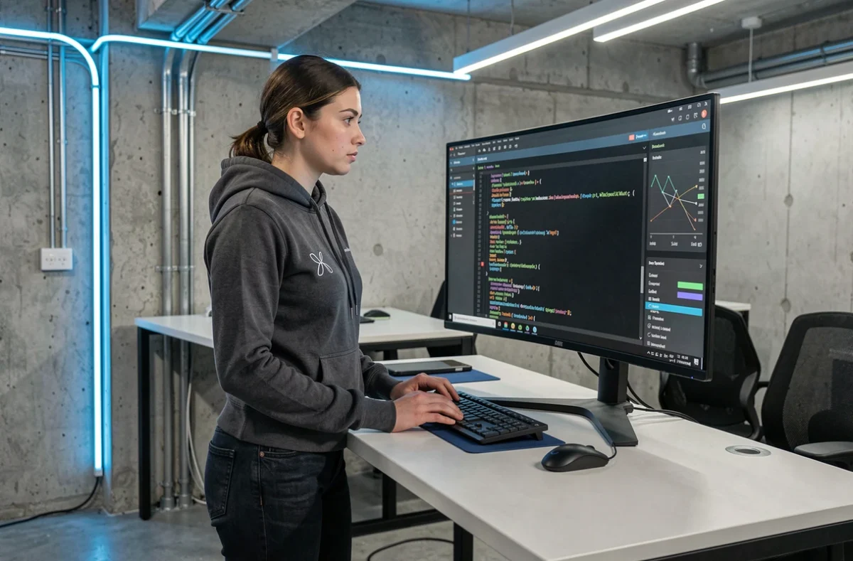 Développeuse de NitroLabz travaillant sur des diagnostics réseau dans un espace tech moderne, représentant la société informatique du Calvados