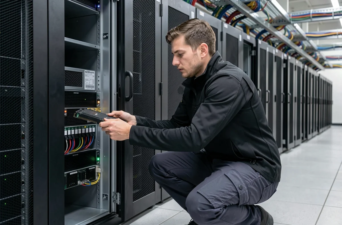 Technicien de NXL Forge installant un module serveur dans un centre de données, illustrant l'expertise en infrastructure informatique en Normandie
