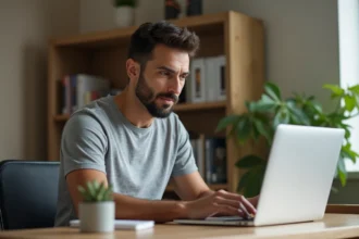 Homme utilisant les paramètres système de son ordinateur portable pour optimiser les performances et prolonger la durée de vie de sa machine