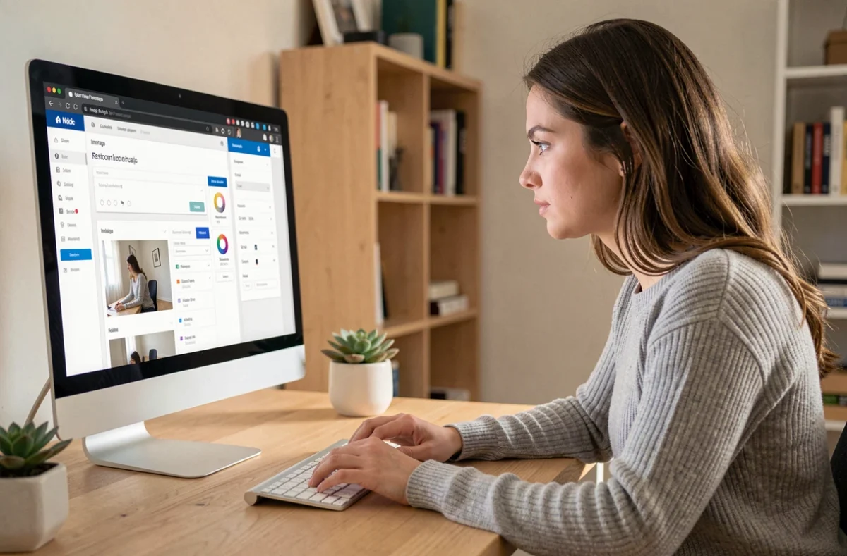 Développeuse web analysant la taille et la résolution d'images sur un écran d'ordinateur pour optimiser les performances d'un site web