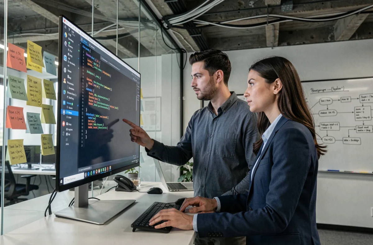 Deux ingénieurs en session de pair programming analysant une structure for-else Python sur un grand écran vertical dans un bureau startup