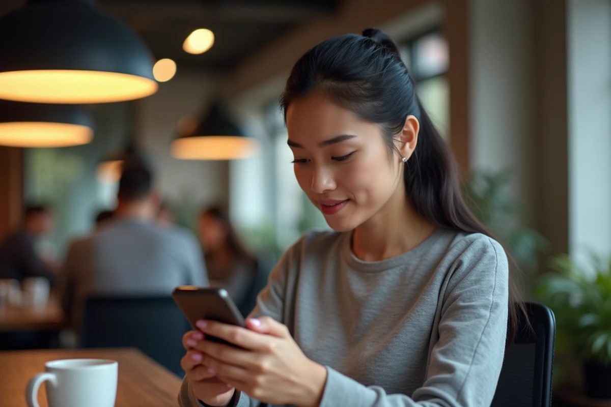 Femme vérifiant les paramètres de confidentialité de son smartphone dans un espace de coworking