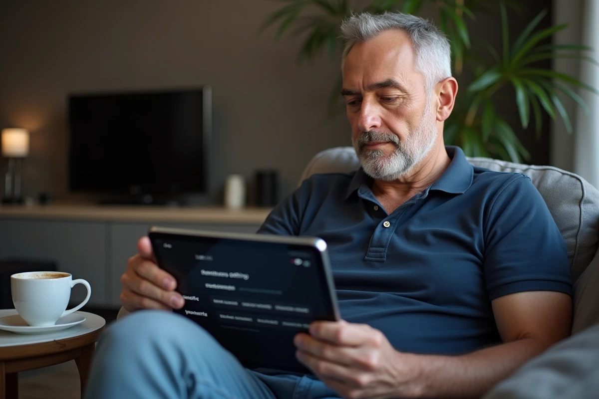 Homme consultant les paramètres réseau sur une tablette pour modifier son adresse IP depuis son salon