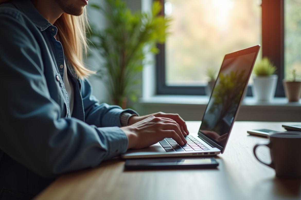Personne utilisant un ordinateur portable à un bureau moderne avec lumière naturelle