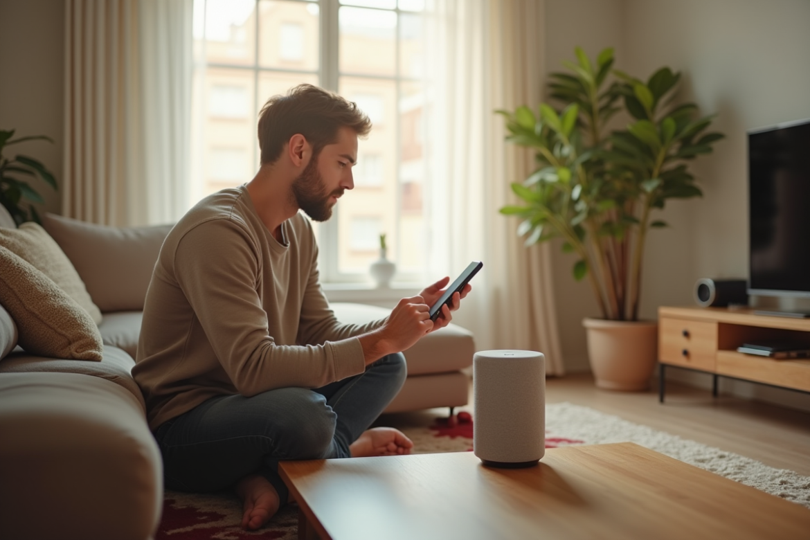 Personne configurant une enceinte intelligente avec smartphone dans un salon lumineux