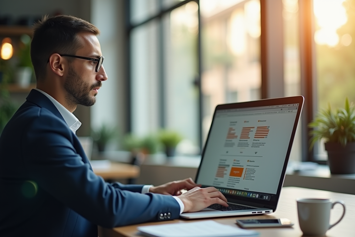 Personne réfléchissant devant un ordinateur portable en bureau moderne