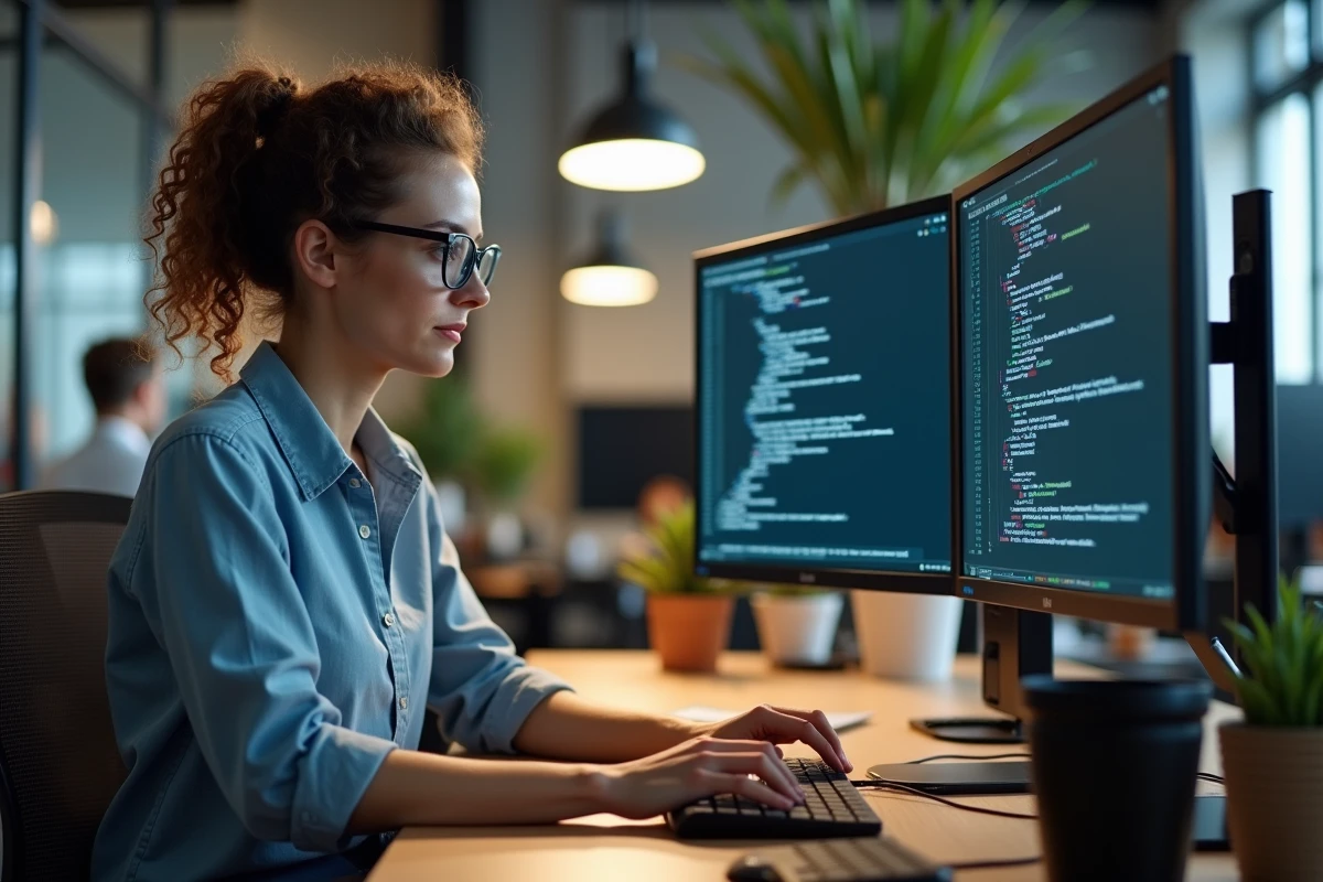 Développeuse utilisant pip pour revenir à une version antérieure d'un paquet Python dans un bureau tech