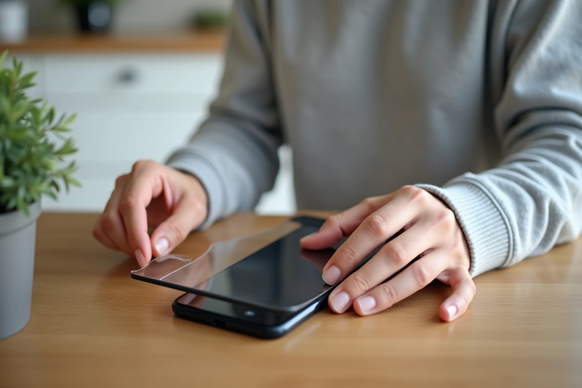 Pose d'un verre trempé sur un Google Pixel 8a par une personne aux mains soignées