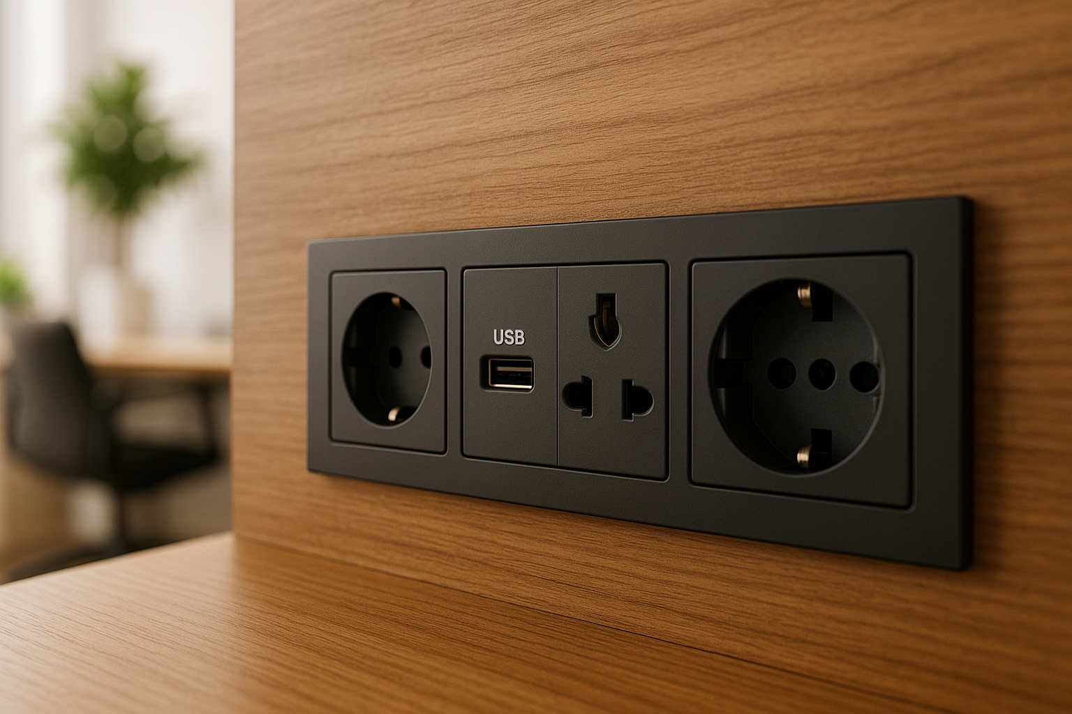 Prise électrique moderne avec ports USB dans un bureau lumineux