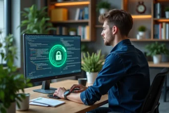 Jeune homme en informatique vérifiant un écran sécurisé HTTPS