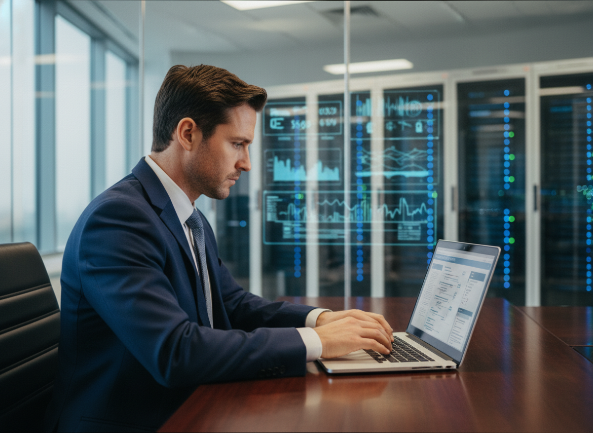 Homme professionnel en costume navy gérant des paramètres proxy