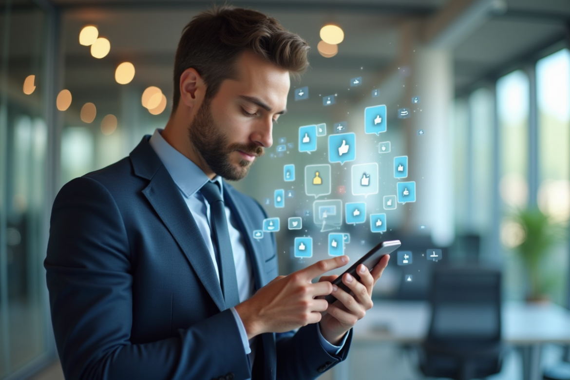 Homme d'affaires vérifiant son smartphone dans un bureau moderne