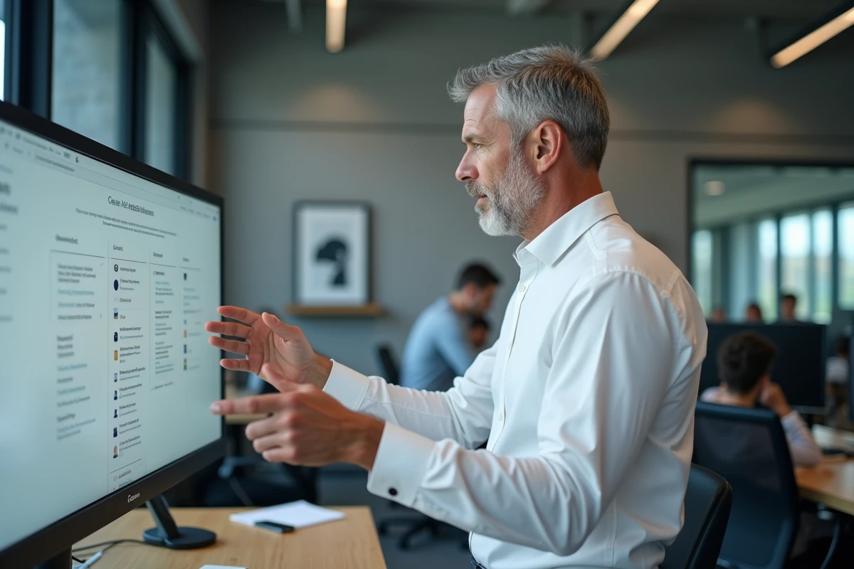 Professionnel en entreprise transférant des fichiers volumineux via une interface web sur grand écran