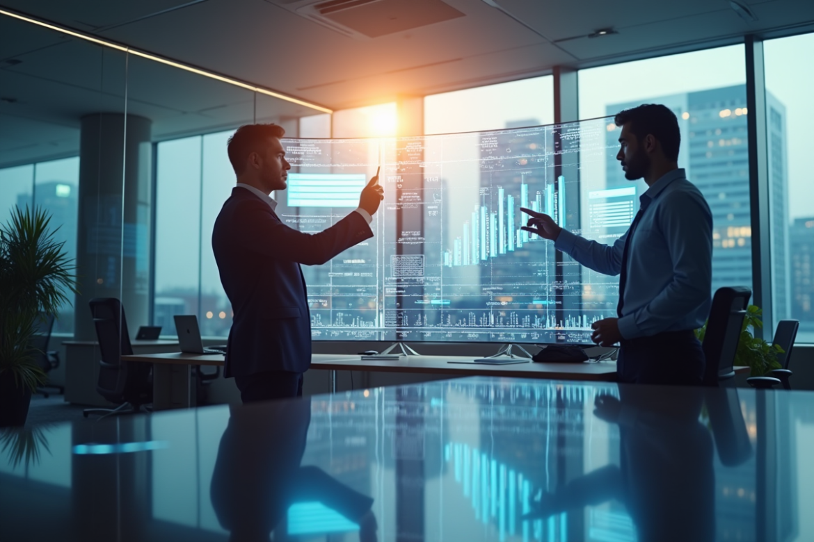Deux professionnels analysant des écrans numériques blockchain