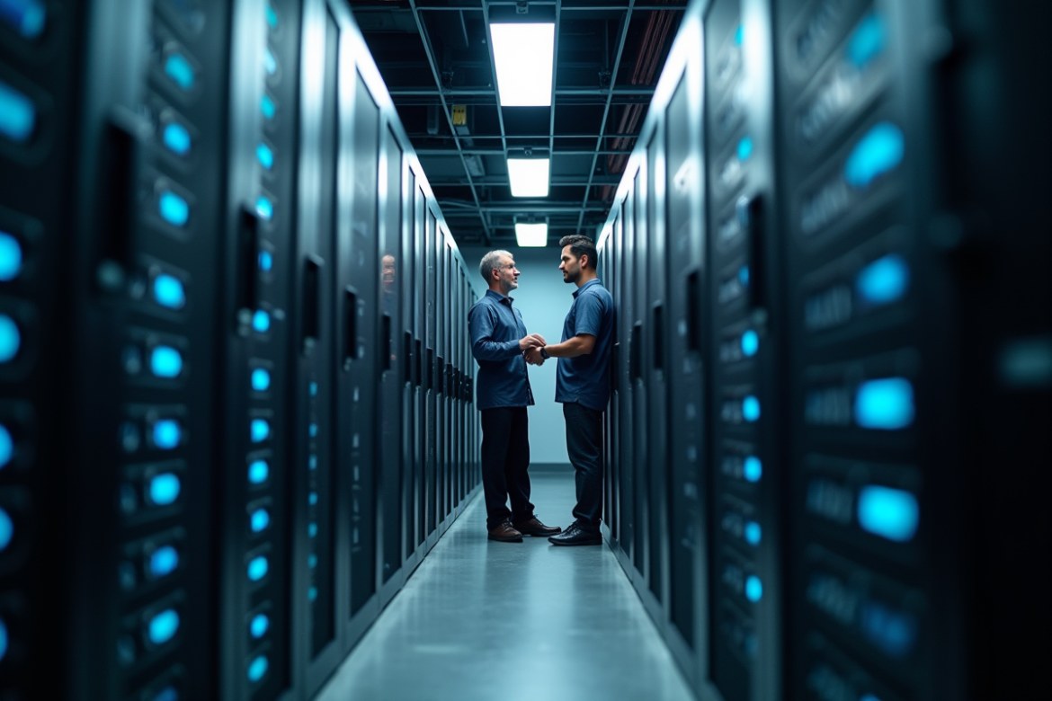 Deux professionnels IT examinant des racks serveurs dans un centre de données lumineux