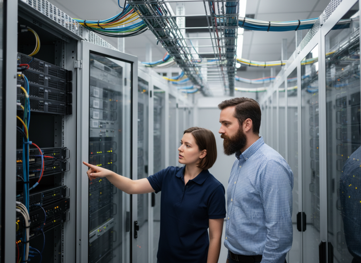 Deux professionnels IT examinent un serveur dans un centre de données