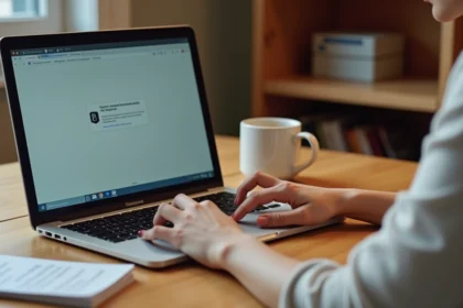 Femme utilisant le raccourci clavier pour imprimer sur un MacBook Pro dans un bureau à domicile moderne
