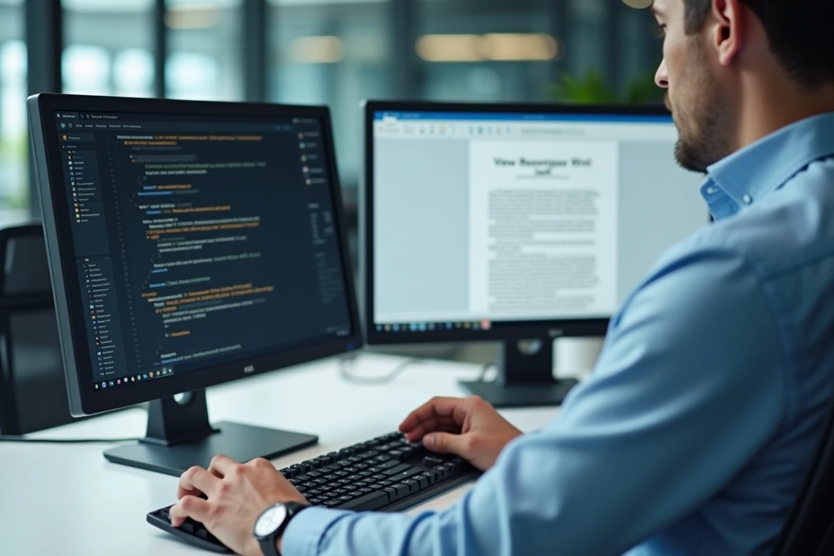 Homme utilisant le raccourci Ctrl+P sur un PC Windows dans un bureau professionnel en open space