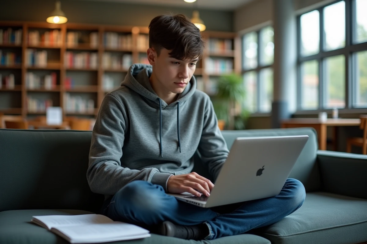 Étudiant utilisant le raccourci d'impression sur un Chromebook dans une bibliothèque scolaire
