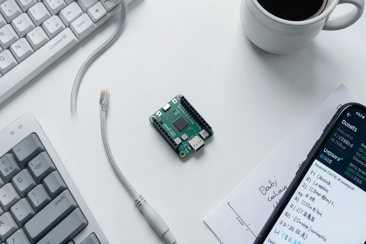 Vue de dessus d'un Raspberry Pi configuré comme bloqueur de publicités DNS posé sur un bureau avec câble Ethernet et clavier mécanique