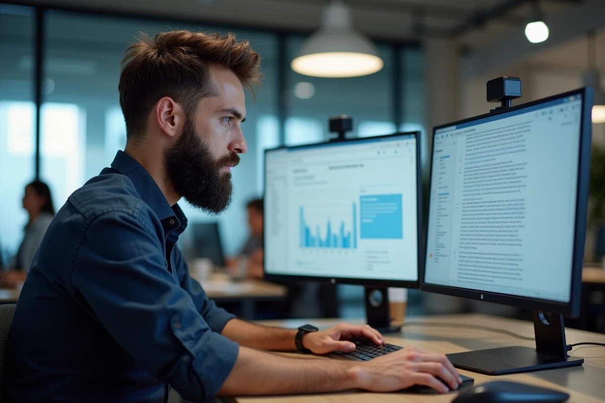 Rédacteur web analysant les statistiques d'un compteur de mots sur un grand écran dans un espace de coworking