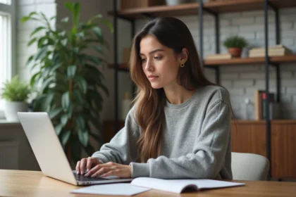 Femme qui écrit sur un ordinateur portable en utilisant un compteur de mots pour structurer son contenu web