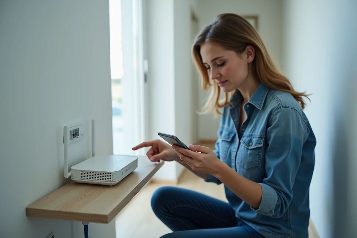 Femme réinitialisant un routeur internet pour changer l'adresse IP de sa connexion domestique