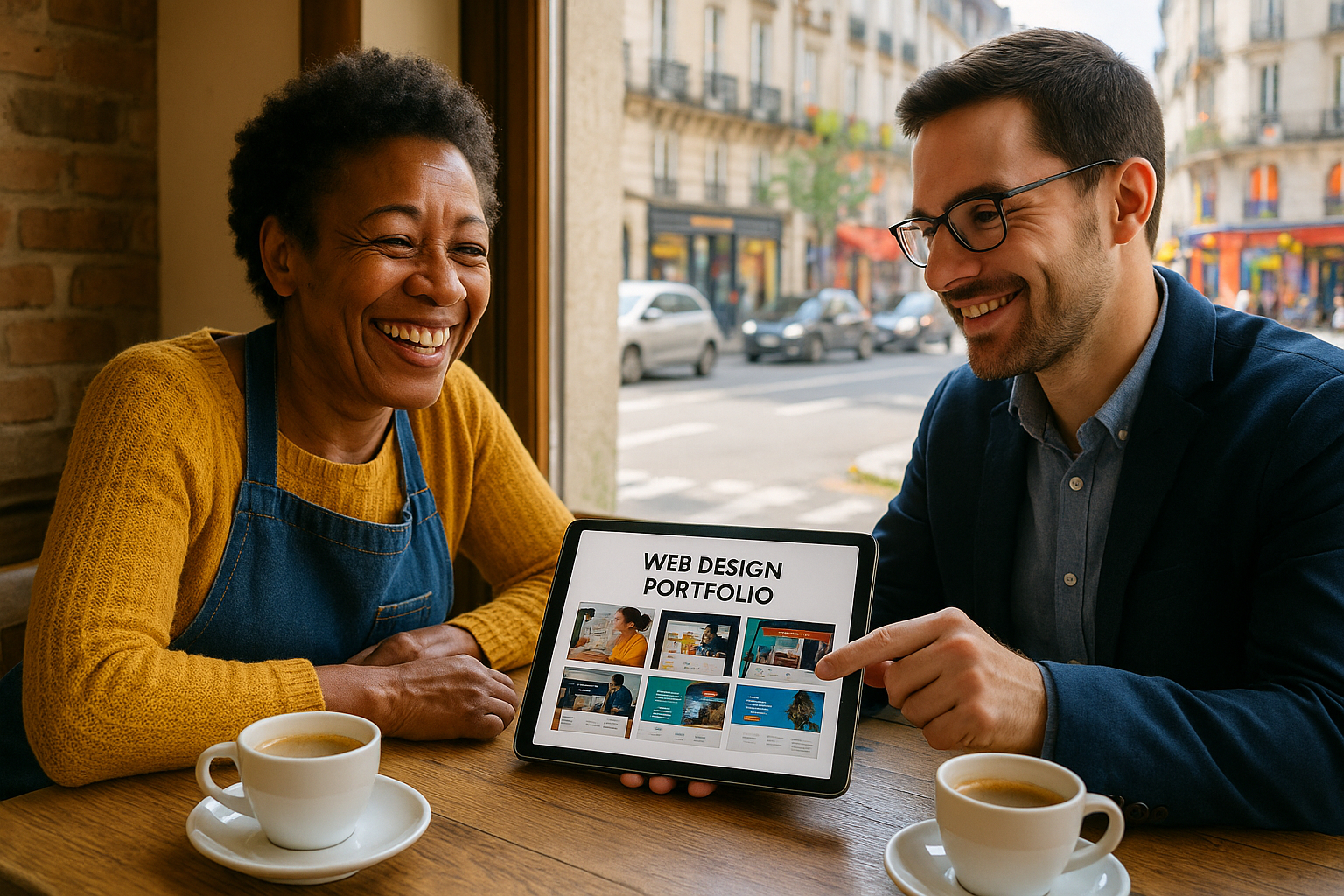 Petit entrepreneur nantais rencontrant un consultant web dans un cafe