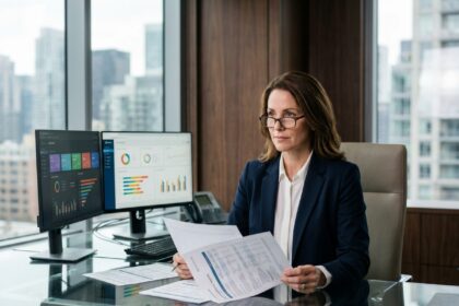 Responsable financière en blazer marine analysant des rapports de conformité dans un bureau corporate moderne avec vue sur la ville