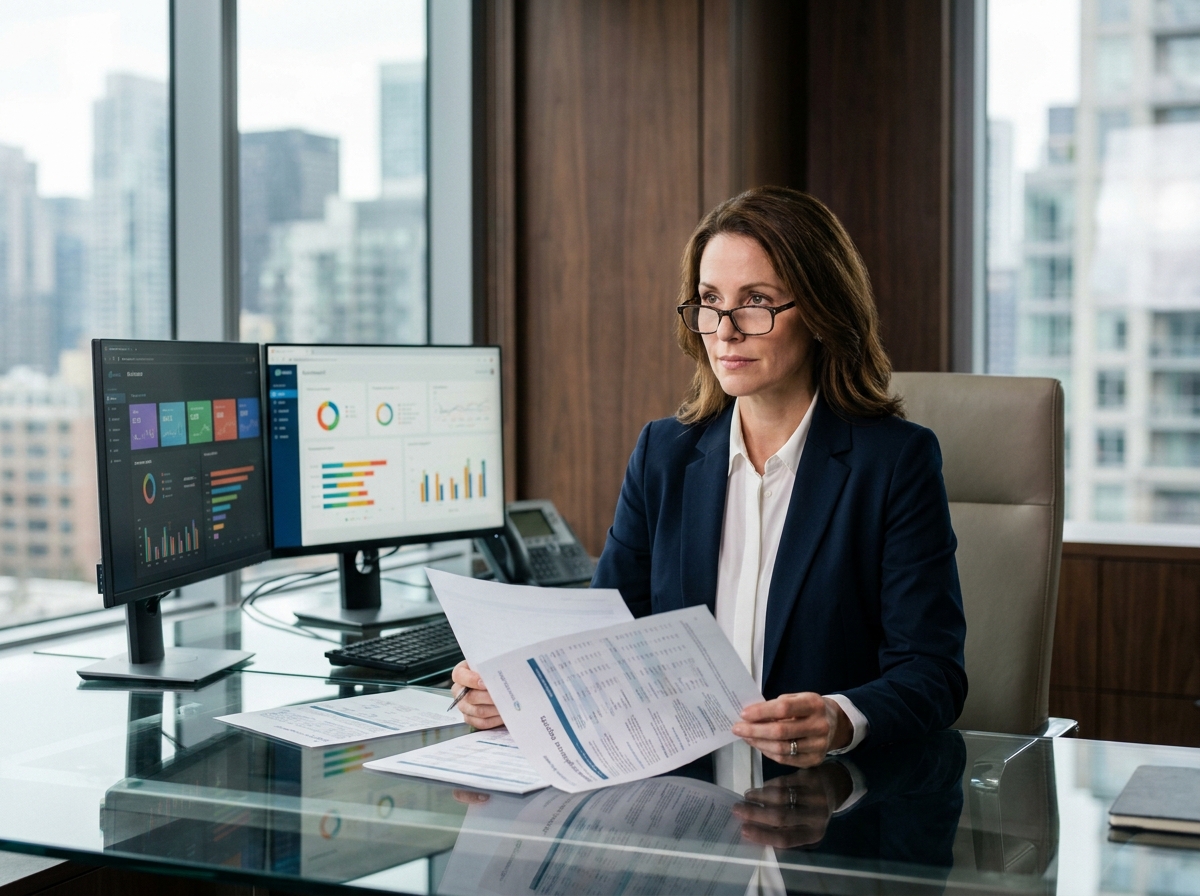 Responsable financière en blazer marine analysant des rapports de conformité dans un bureau corporate moderne avec vue sur la ville