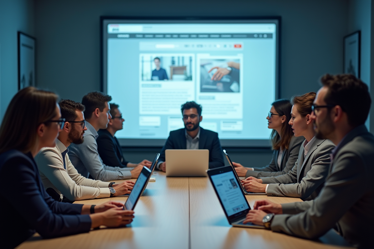 Groupe en réunion dans un bureau lumineux avec site incoherent